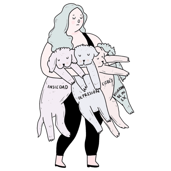 Psicoterapia; joven cargando perritos.